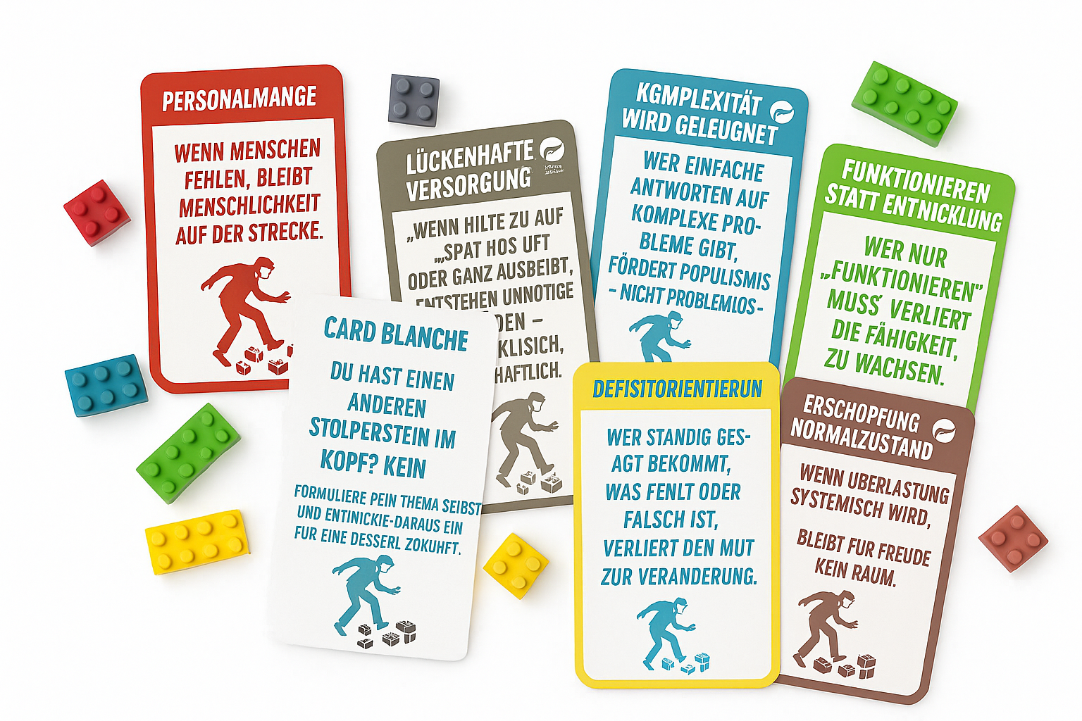 LEGO workshop methodology cards with building blocks